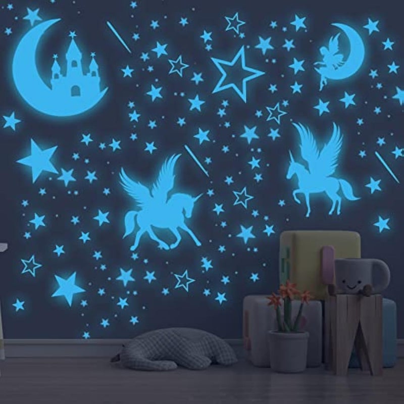 Glow in The Dark Unicorn Wall Decal Sticker Cute Fairy Girl Bedroom Star Decoration Glowing Moon Castle Ceiling Decor for Nursery Room