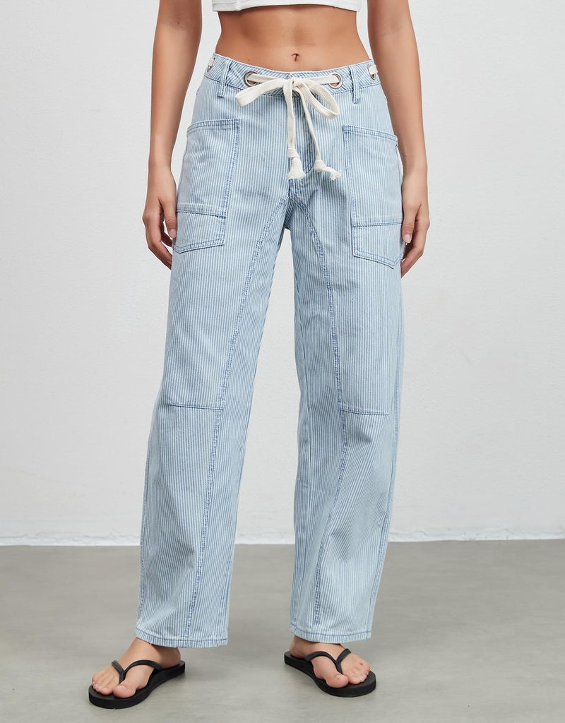 Kedera Womens Striped Baggy Jeans Trendy Mid Rise Wide Leg Boyfriend Jeans Casual Barrel Leg Drawstring Pants - Image 5