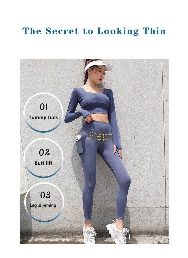 Lemon Compression Leggings for Women,  with1Pockets, Tummy Control Workout Gym Running Yoga Pants(Whale Blue)  - Image 3