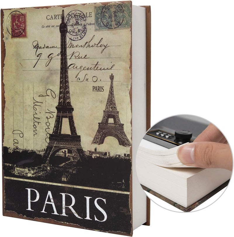 PACOLO Real Paper Transfer Book Safe, Hollow with Secret Hidden Compartment, Combination Lock, 8.7"×6"×2" (Paris-Combination) - Image 1
