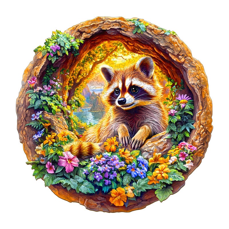DOCRAGI Wooden Puzzles for Adults - Raccoon on Vacation Wooden Jigsaw Puzzle - Unique Animal Shaped Wood Puzzles Adult - Christmas Birthday Gifts for Adults/Friends/Family - 100pcs 8.5 * 8.4in - Image 1