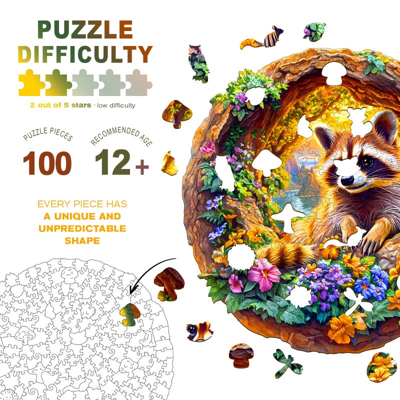 DOCRAGI Wooden Puzzles for Adults - Raccoon on Vacation Wooden Jigsaw Puzzle - Unique Animal Shaped Wood Puzzles Adult - Christmas Birthday Gifts for Adults/Friends/Family - 100pcs 8.5 * 8.4in - Image 2