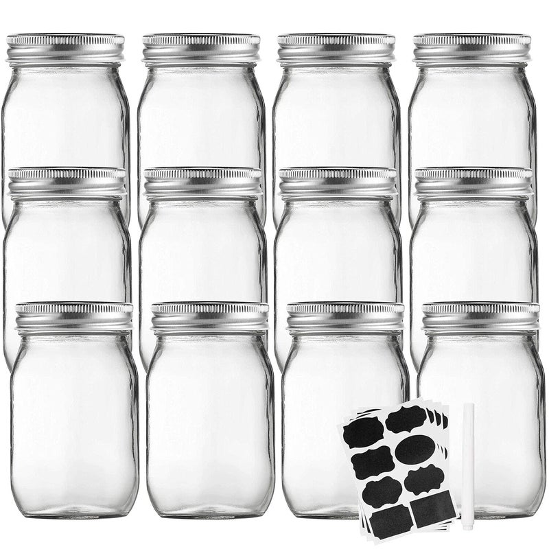Accguan Mason Jars 16 oz With Regular Lids and Bands Ideal for Jam Honey Wedding Favors Shower Favors DIY Magnetic Spice Jars 12 PACK 16 Labels Included