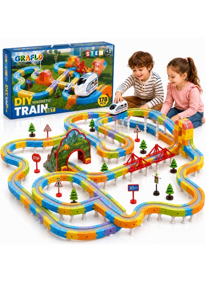 GRAFLO 178PCS Magnetic Electric Train Building Blocks Set - STEM Educational toy for Kids, Construction Stacking Toy with Train Cars, Tracks & Figures, Gift for Boys & Girls Ages 3-8 - Image 1