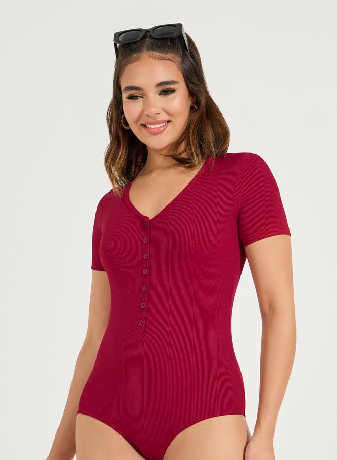Styli Rib Button Placket V Neck Bodysuit - Image 1