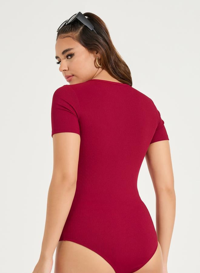 Styli Rib Button Placket V Neck Bodysuit - Image 5