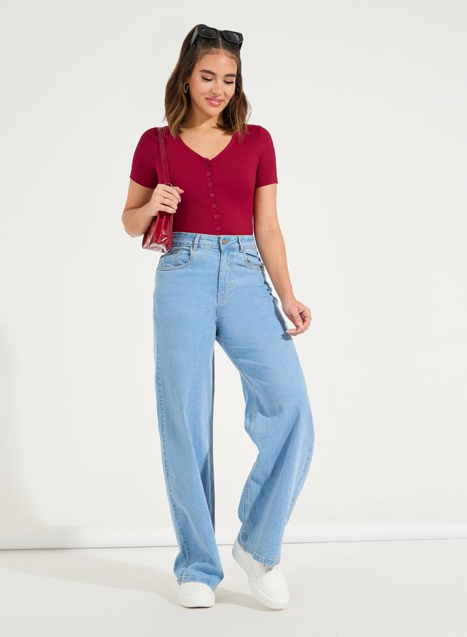 Styli Rib Button Placket V Neck Bodysuit - Image 2