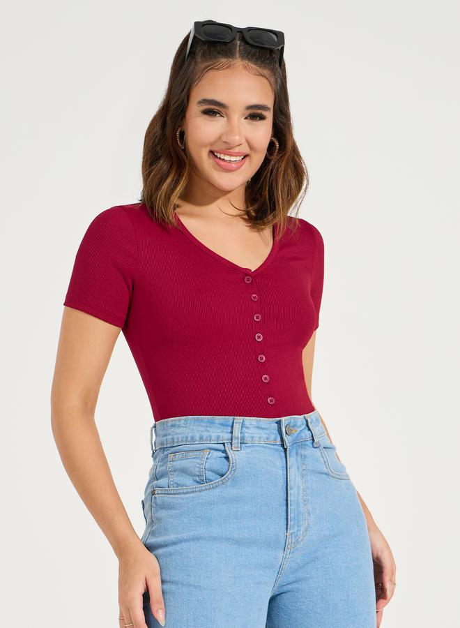 Styli Rib Button Placket V Neck Bodysuit - Image 3