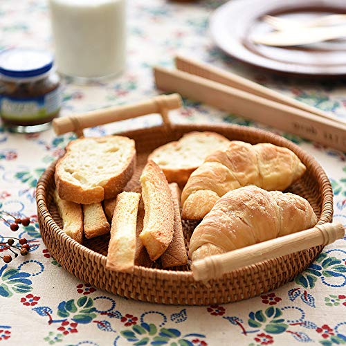 DECRAFTS صينية دكراتس دائرية من الخيزران مصنوعة يدويًا مع مقابض - سلة خبز صغيرة لصينية تقديم العشاء وحفلات الشاي (طبيعي 11 بوصة قطر)  - Image 4