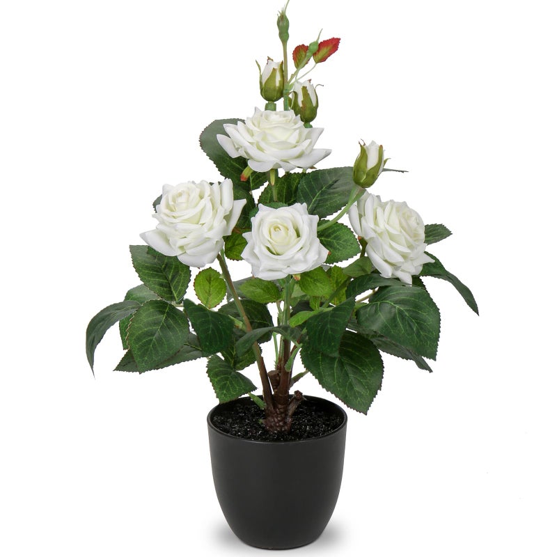 Hollyone Artificial Plants  Flowers with Vase White Roses Artificial Flowers Potted Plant Faux Silk Flower with Black Pot Fake Rose Flower Arrangement Home Decor Table Desk Decorations 15 Inch