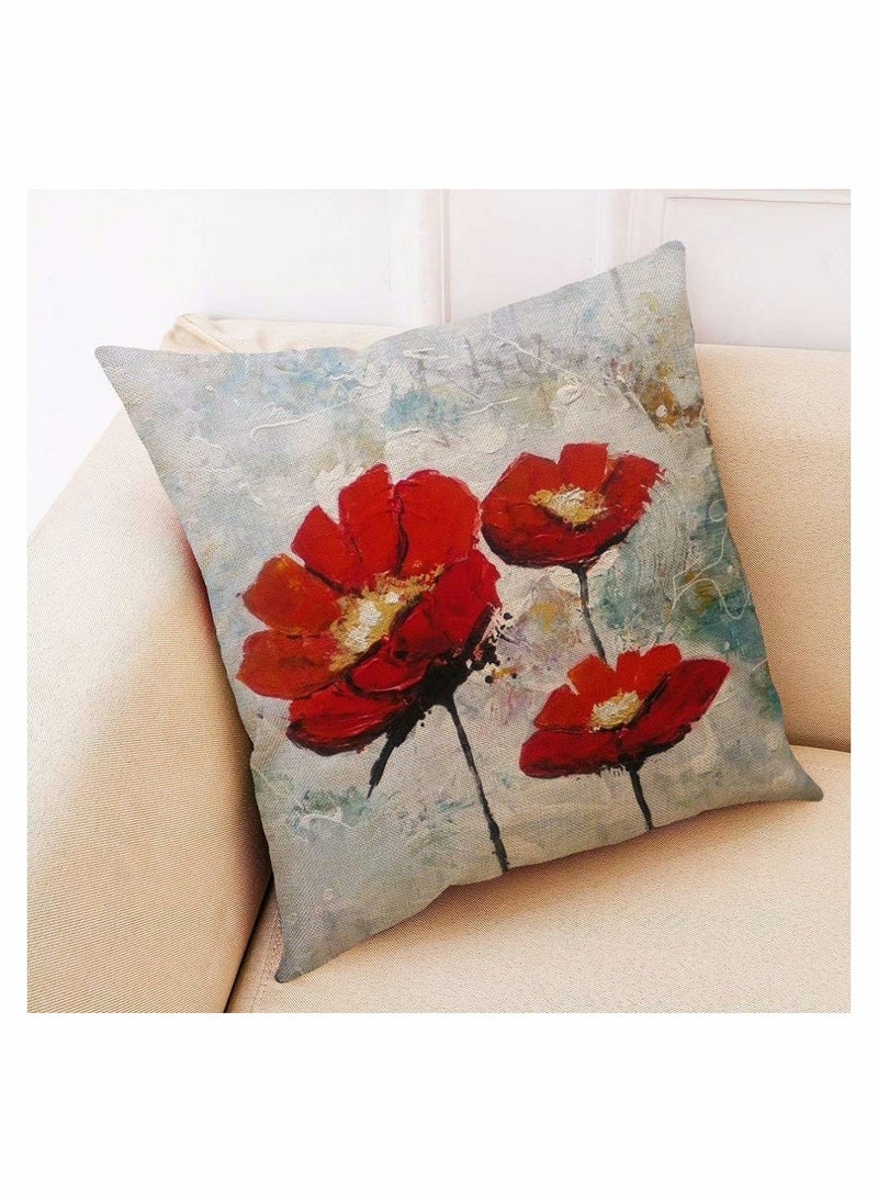 Generic Set of 4 Red Floral Throw Pillow Covers 18x18 Boho Linen Cushion Cases for Living Room Sofa and Bed Decor  - Image 3