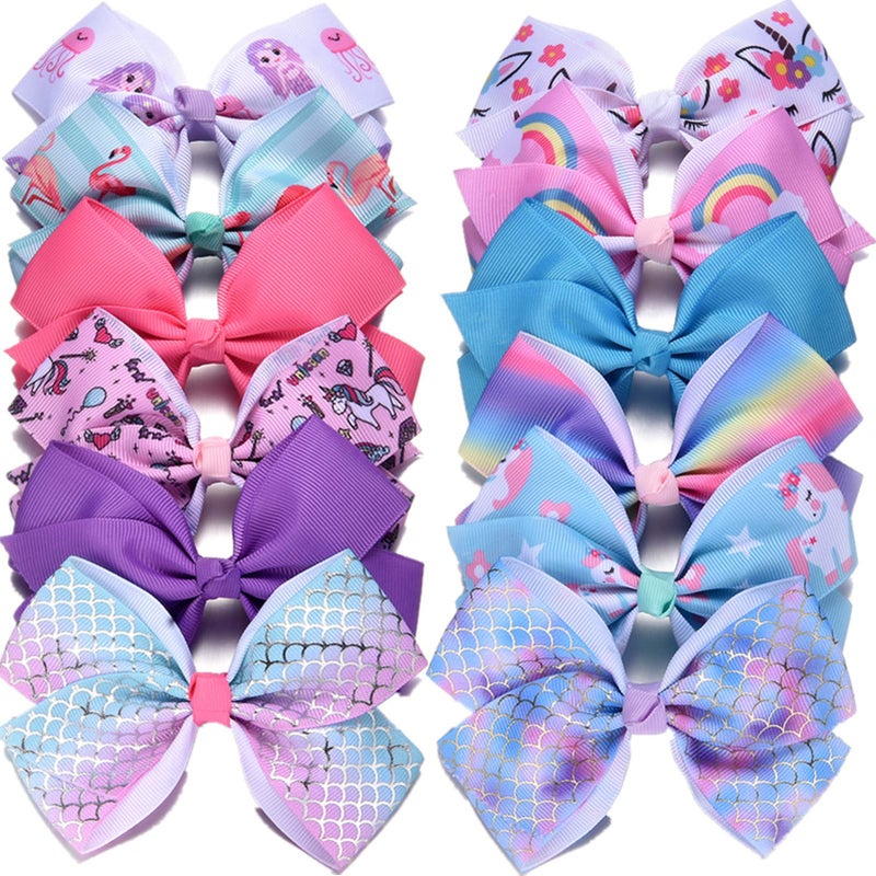 Eyegla Hair Bows For Girls 5 Inch Bow Hair Clips Girl Hair Bows For Hair Grosgrain Ribbon Hair Accessories Pack of 12 Color - Image 1