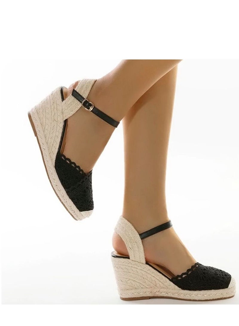 Lace Closed Toe  Espadrille Wedges Sandals Black  - Image 2