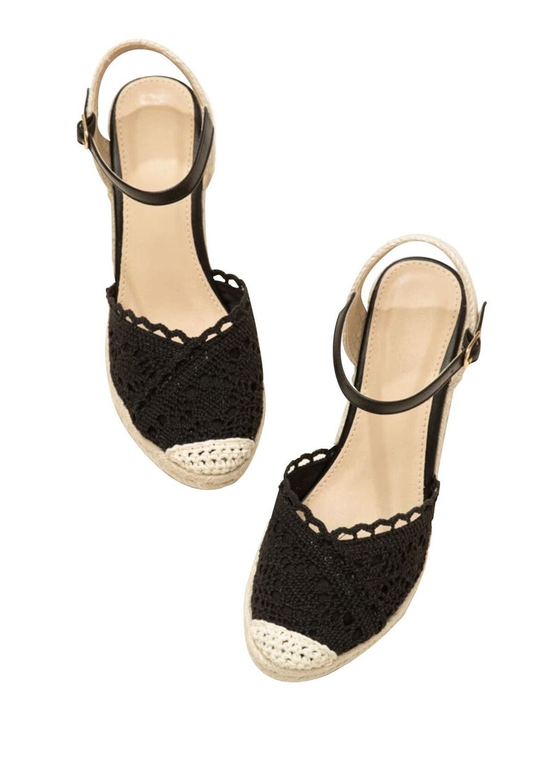 Lace Closed Toe  Espadrille Wedges Sandals Black  - Image 1