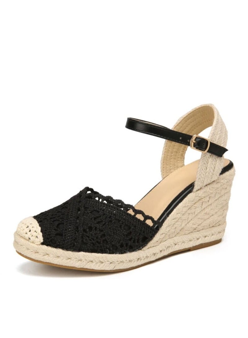 Lace Closed Toe  Espadrille Wedges Sandals Black  - Image 4