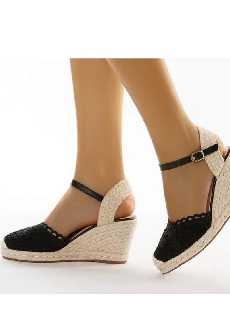 Lace Closed Toe  Espadrille Wedges Sandals Black  - Image 3
