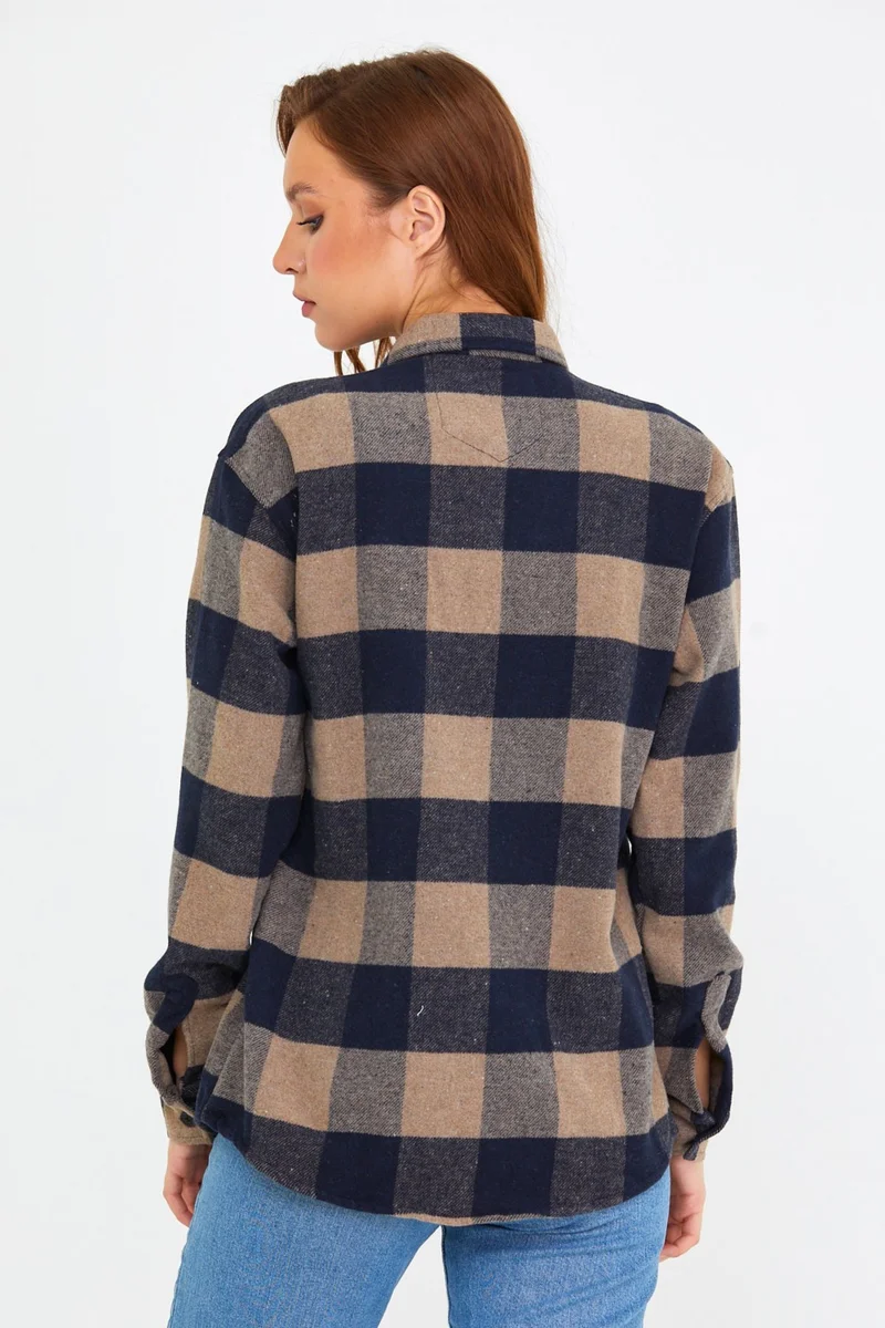 كوول تارز Cool Style Brown Women Slim Fit Button Down Collar Double Pocket Lumberjack Plaid Shirt