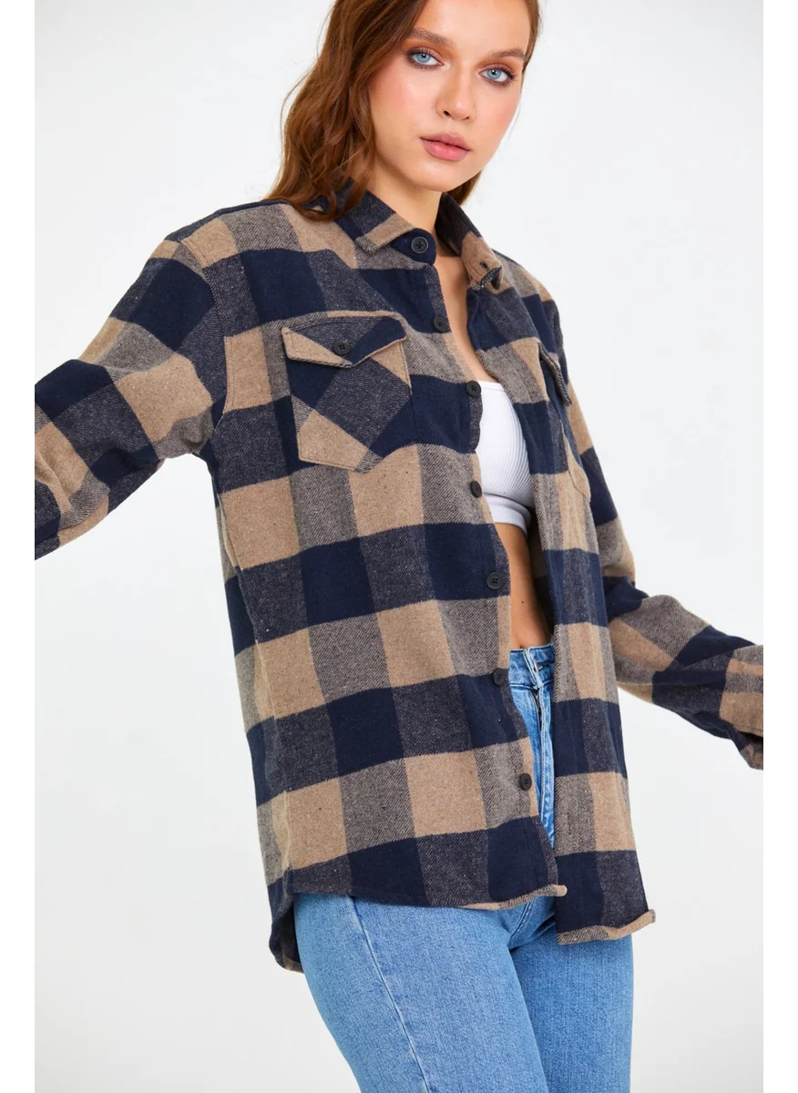 Cool Tarz Cool Style Brown Women Slim Fit Button Down Collar Double Pocket Lumberjack Plaid Shirt