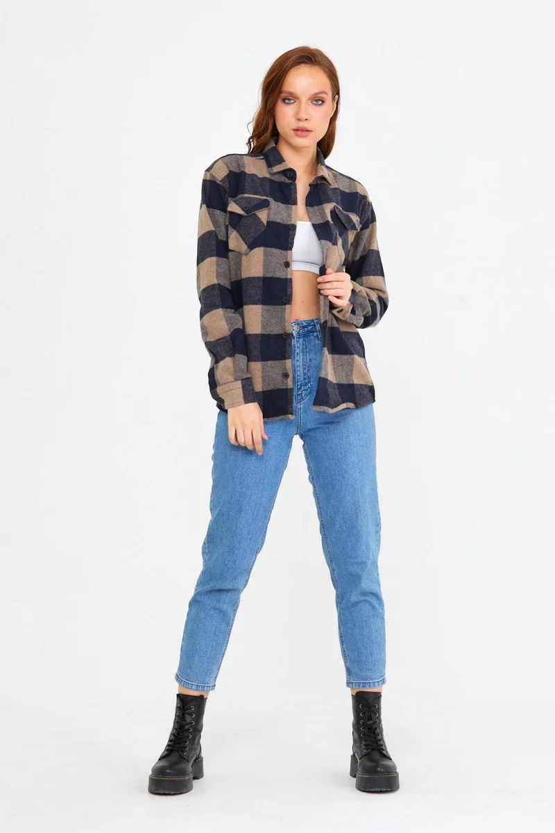 كوول تارز Cool Style Brown Women Slim Fit Button Down Collar Double Pocket Lumberjack Plaid Shirt