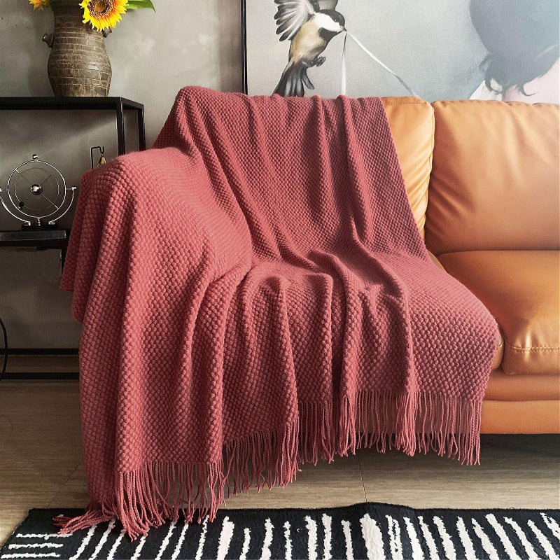 LOMAO Knitted Throw Blanket with Tassels Bubble Textured Soft Blanket Lightweight Throws for Couch Cover Home Decor Red Mud 50x60