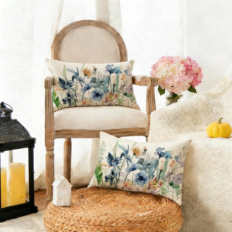 RABUSOFA Outdoor Floral Pillow Cover Waterproof 12x20,Watercolor Blue Flower Spring Summer Cushion Case Abstract Farmhouse Decoration for Home Patio Furniture - Image 2