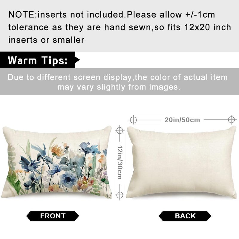 RABUSOFA Outdoor Floral Pillow Cover Waterproof 12x20,Watercolor Blue Flower Spring Summer Cushion Case Abstract Farmhouse Decoration for Home Patio Furniture - Image 3