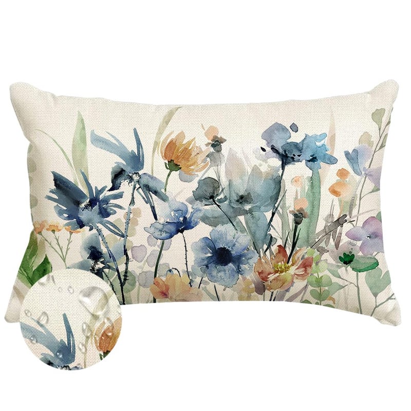 RABUSOFA Outdoor Floral Pillow Cover Waterproof 12x20,Watercolor Blue Flower Spring Summer Cushion Case Abstract Farmhouse Decoration for Home Patio Furniture - Image 1