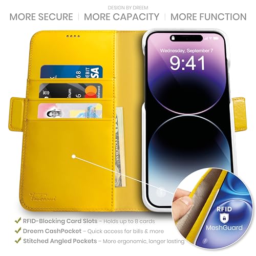 Dreem 3in1 Wallet Case for iPhone 1416e17e Builtin KickStand Magnetic Detachable Vegan Leather Flip Cover with RFID Blocking Card Holder MagSafe Compatible Gift Box Fibonacci Yellow - Image 3