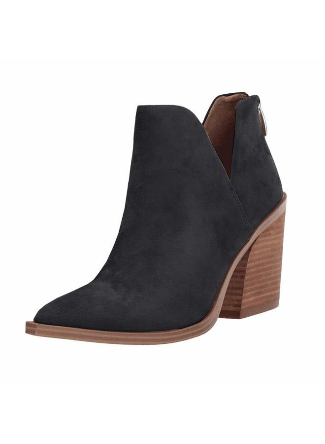 FISACE Womens' Pointed Toe Stacked Mid Heel V Cut Back Zipper Ankle Boots, Black Suede, 7 - Image 1