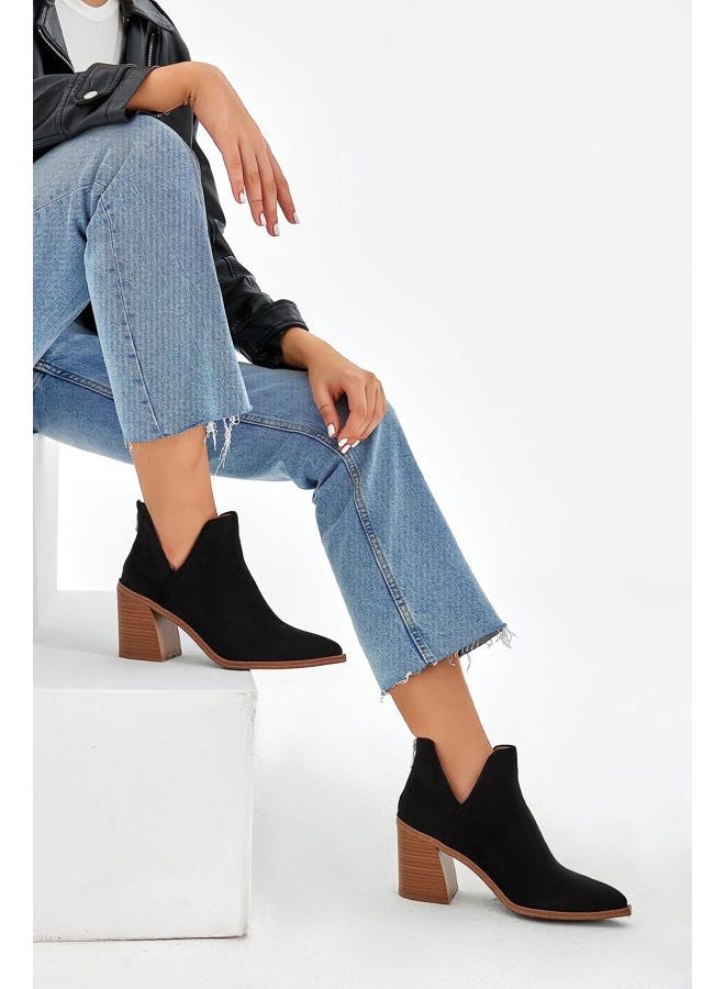 FISACE Womens' Pointed Toe Stacked Mid Heel V Cut Back Zipper Ankle Boots, Black Suede, 7 - Image 3
