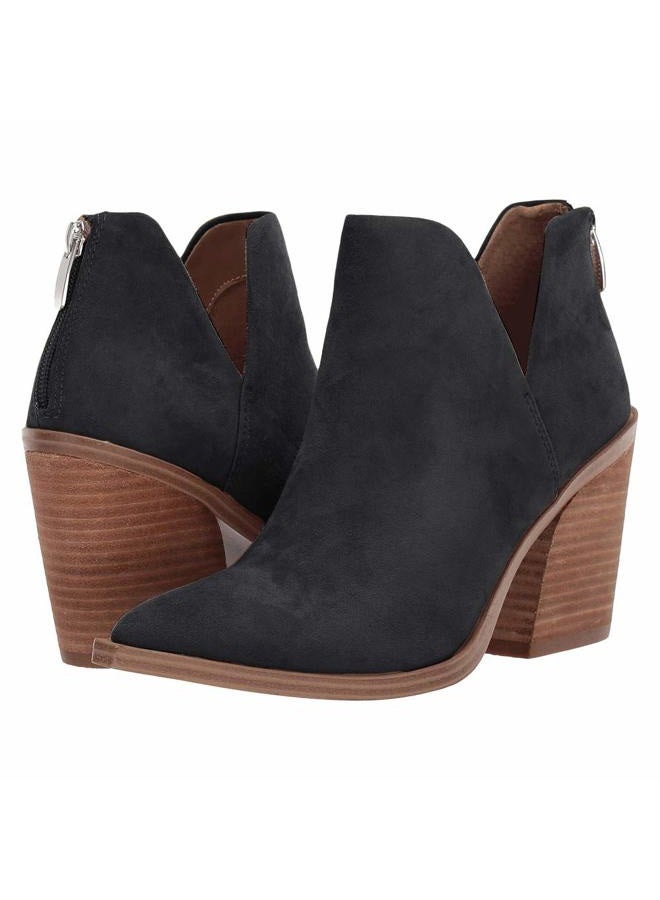 FISACE Womens' Pointed Toe Stacked Mid Heel V Cut Back Zipper Ankle Boots, Black Suede, 7 - Image 5