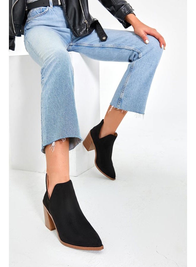 FISACE Womens' Pointed Toe Stacked Mid Heel V Cut Back Zipper Ankle Boots, Black Suede, 7 - Image 4