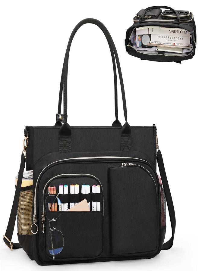 WGEAR Laptop Tote Bag for Women, 15.6-Inch Teacher Tote Bag with Compartments, Lightweight Nurse Work Bag with Detachable Strap, Black Shoulder Bags for Travel, College, Business Trip - Image 1