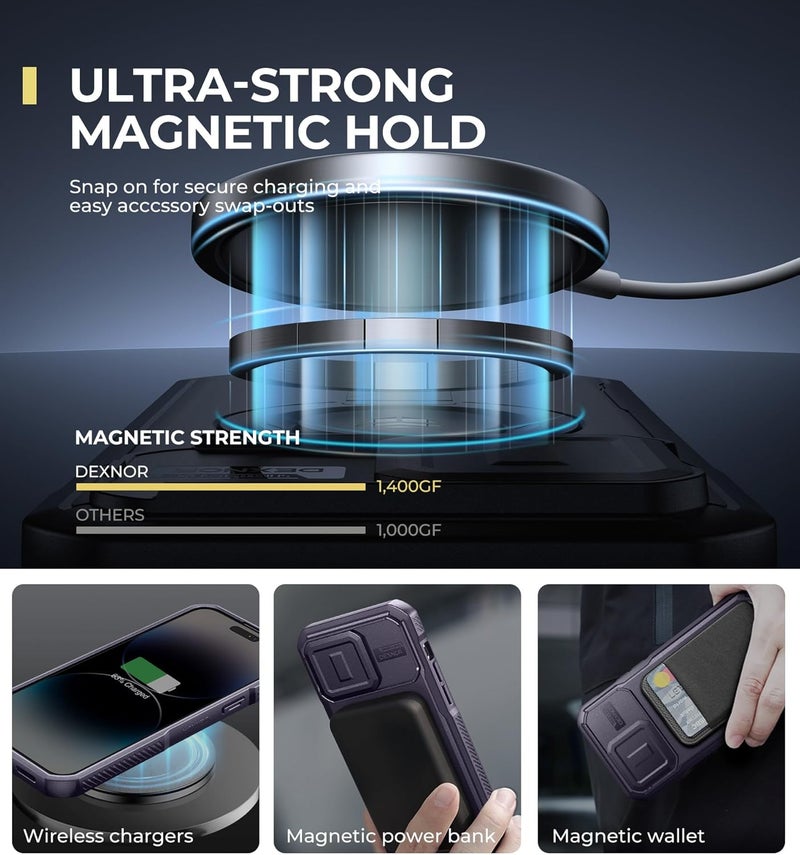 ديكسنور حافظة لهاتف iPhone 14 Pro Max مع غطاء كاميرا منزلق وحامل قابل للتعديل، متوافقة مع MagSafe، حافظة متينة مقاومة للصدمات مع حماية مغناطيسية ثقيلة، مقاس 6.7 بوصة، أرجواني شبح - Image 3