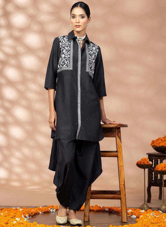 WineRed Black and White Embroidered Tunic with Solid Salwar - Image 1