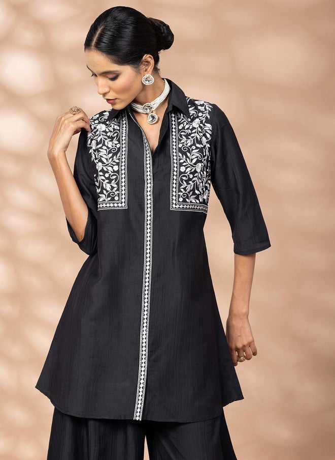 WineRed Black and White Embroidered Tunic with Solid Salwar - Image 2