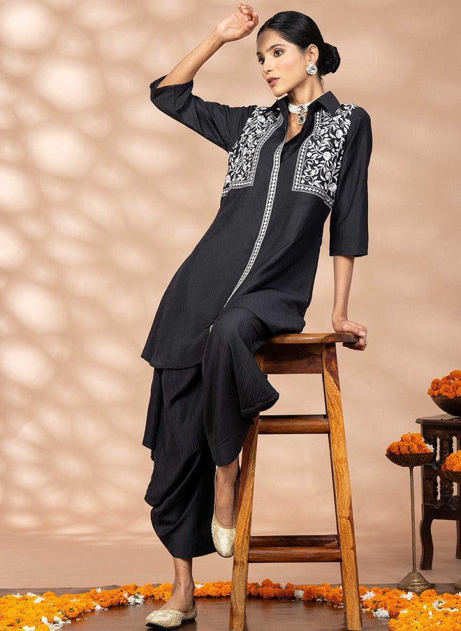 WineRed Black and White Embroidered Tunic with Solid Salwar - Image 5