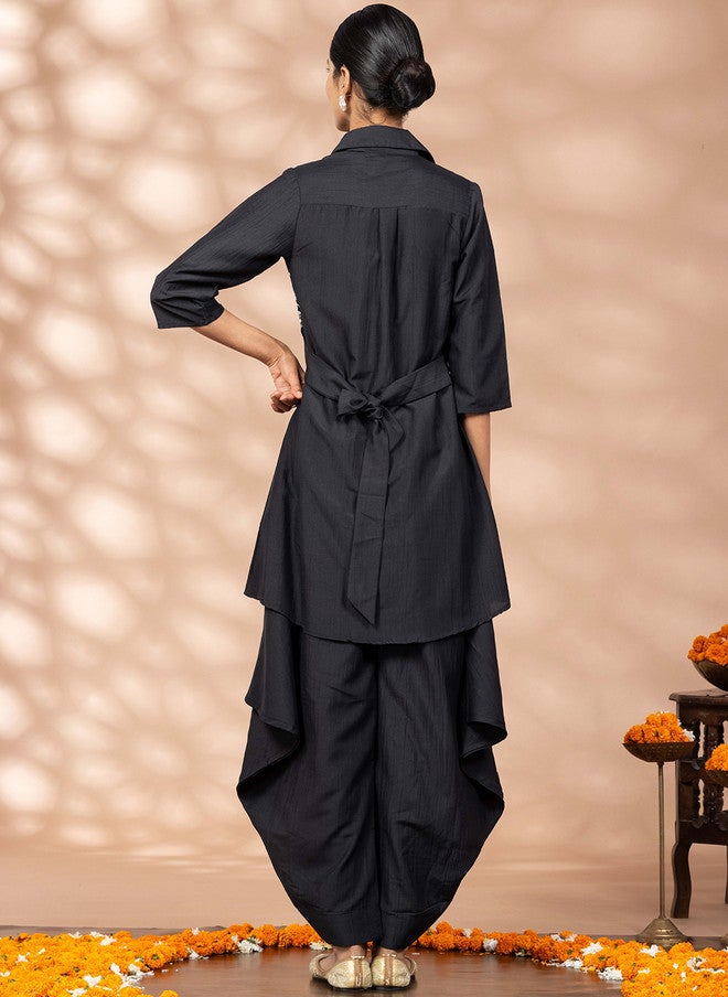 WineRed Black and White Embroidered Tunic with Solid Salwar - Image 4