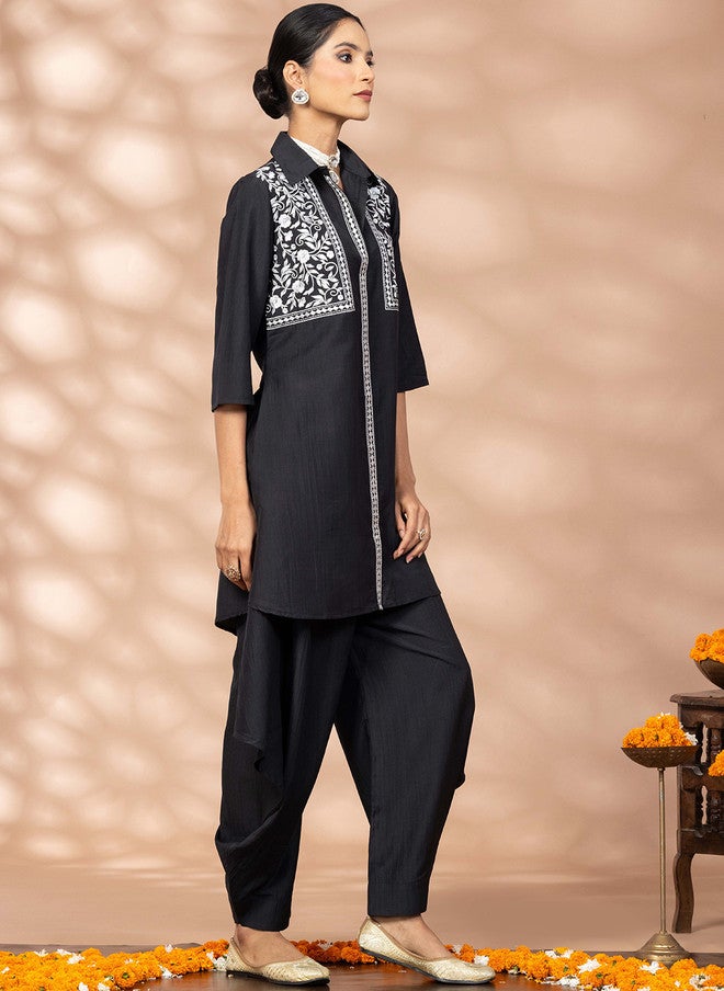 WineRed Black and White Embroidered Tunic with Solid Salwar - Image 3