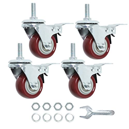 Finnhomy Swivel Caster Wheels 2 Inch Heavy Duty Threaded Stem Casters 5/16"- 18 x 1 with Brake Set of 4 Premium Polyurethane Wheels PU Load Bearing 800 Lbs Anti-wear Smooth Casters, Red - Image 1