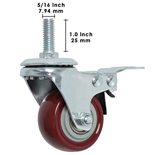 Finnhomy Swivel Caster Wheels 2 Inch Heavy Duty Threaded Stem Casters 5/16"- 18 x 1 with Brake Set of 4 Premium Polyurethane Wheels PU Load Bearing 800 Lbs Anti-wear Smooth Casters, Red - Image 3