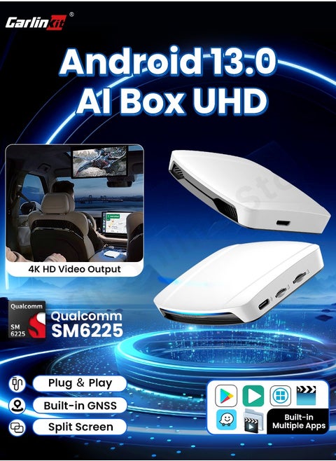 Carlinkit UHD جهاز CarPlay وAndroid Auto بنظام Android 13 - معالج Snapdragon 6225 - ذاكرة ذاكرة 8GB+128GB - مخرج HDMI - يدعم GPS وYouTube وNetflix وIPTV