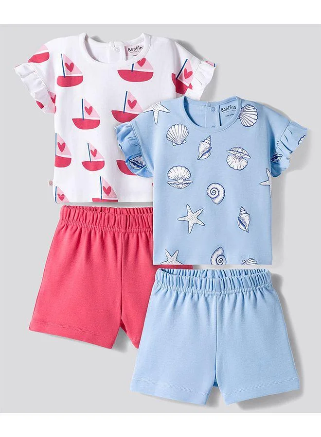 Bonfino Bonfino 100% Cotton Knit Half Sleeves T-Shirt & Shorts Night Suits with Nautical Theme Print (Pack of 2) - Multicolor
