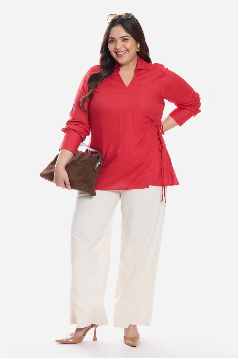 فيرجيو Solid Viscose Collared Tie Front Plus Size Shirt for Women