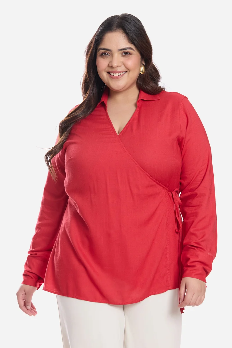 فيرجيو Solid Viscose Collared Tie Front Plus Size Shirt for Women