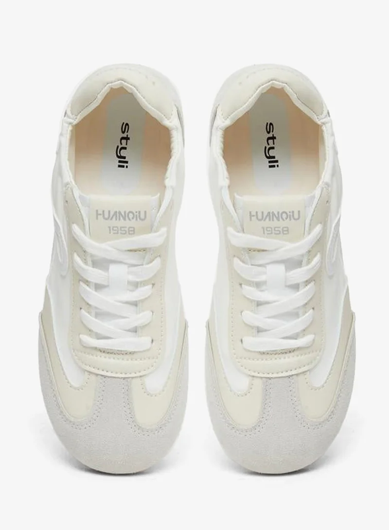 Styli Active White Retro Lace Up Sneakers for Women | Best Price UAE