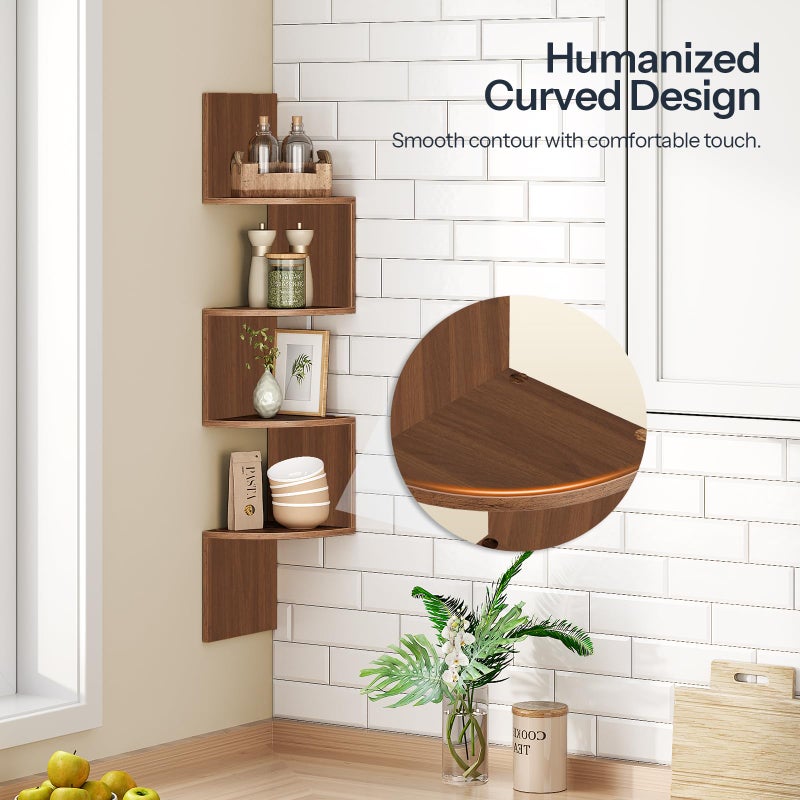HOOBRO Corner Shelf Wall-Mounted, Set of 2 Floating Corner Shelves for Wall, 4-Tier Corner Bookshelves for Living Room, Bedroom, Bathroom, Home Office, Walnut WL25BJP201 - Image 5