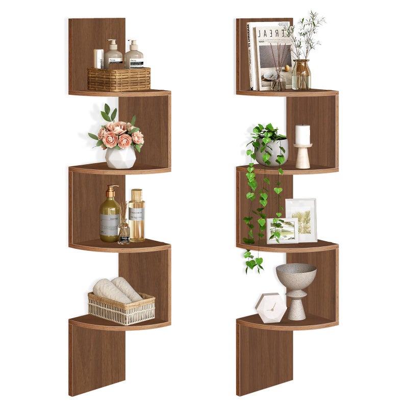 HOOBRO Corner Shelf Wall-Mounted, Set of 2 Floating Corner Shelves for Wall, 4-Tier Corner Bookshelves for Living Room, Bedroom, Bathroom, Home Office, Walnut WL25BJP201 - Image 1