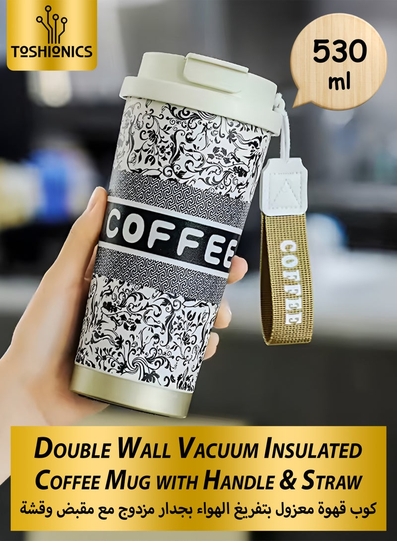 توشيونيكس كوب قهوة من الفولاذ المقاوم للصدأ سعة ٥٣٠ مل | كوب سفر معزول بتفريغ الهواء بجدار مزدوج مع غطاء وماصة | قارورة مشروبات ساخنة وباردة للمنزل، المكتب، المدرسة، الصالة الرياضية، الرياضة، السفر، التخييم | كوب قهوة مقاوم للتسرب، خالٍ من مادة BPA، قابل لإعادة الاستخدام مع حزام حمل - Image 1
