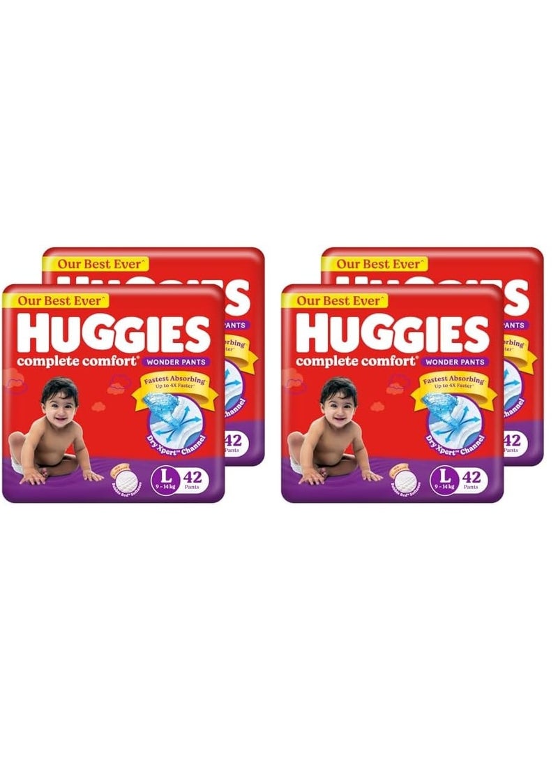 Huggies Complete Comfort Wonder Pants | Pant Style Baby Diapers L Size, 42*4 Count | India's Fastest Absorbing Diaper, Patented Dry Xpert Channel, Ideal for 9 to 14 Kgs (Pack of 4) - Image 1